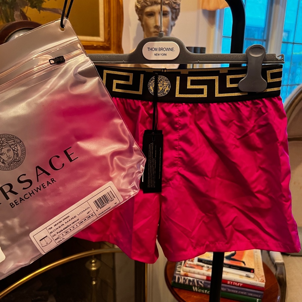 Brand new with tags and swim case Versace Greca Border Swim Shorts - Fuschia